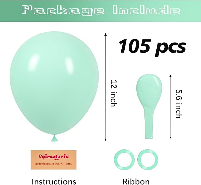 Voircoloria 105pcs Mint Green Party Latex Balloons, 12inch | - Image 2