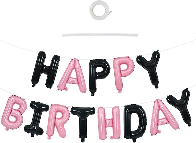 TONIFUL Black and Pink Happy Birthday Balloon Banner Decor by TONIFUL