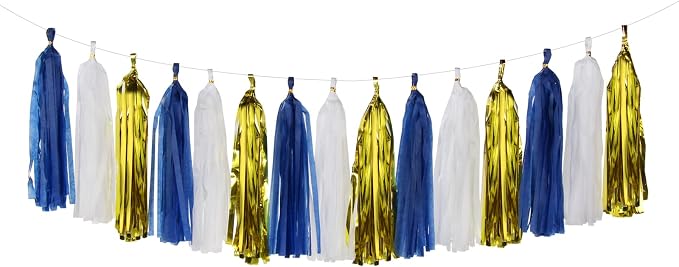 Navy-Blue White-Gold Tassel Garland Streamers- 15pcs Tissue Paper Tassels by Panduola