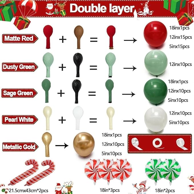 Christmas Balloon Arch Kit, Double Stuffed Red Green White Pearl Balloon - Image 3