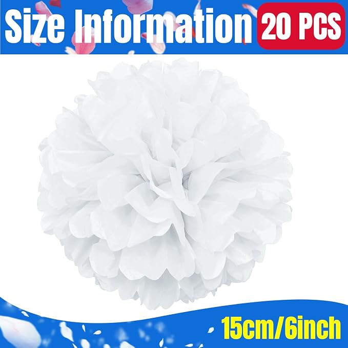 Qimoo 20pcs White Paper Pom Poms Decorations, DIY Decorative Tissue Paper - Image 2