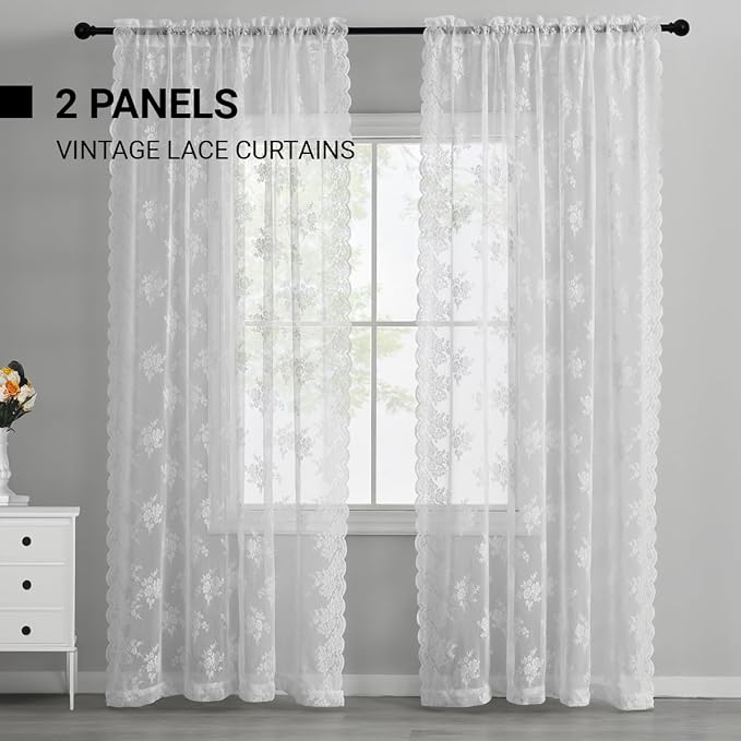 Kotile White Lace Curtains for Kitchen Windows W52 x L45 Inch, 2 Panels | Rod - Image 8