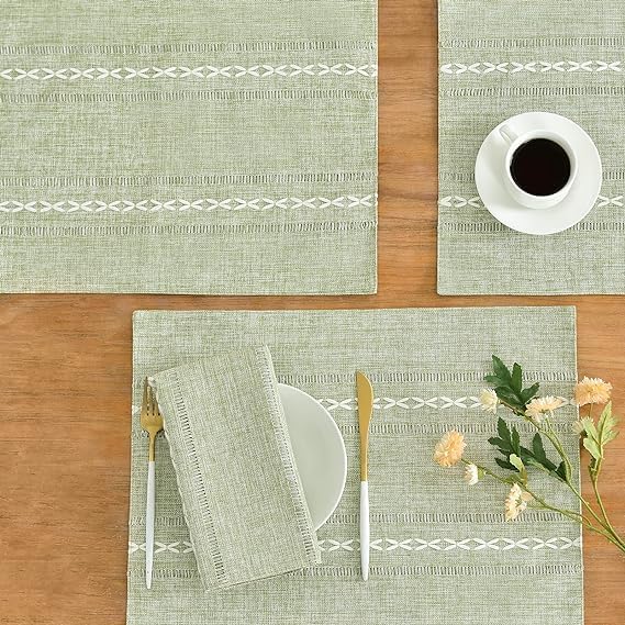 Wracra Cotton Linen Place Mats, Sage Green Embroidered Placemats Set of 6 | - Image 2