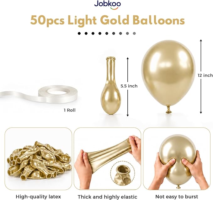 Jobkoo Metallic Gold Balloons, 12 Inch Chrome Light Gold Latex Balloon | - Image 2
