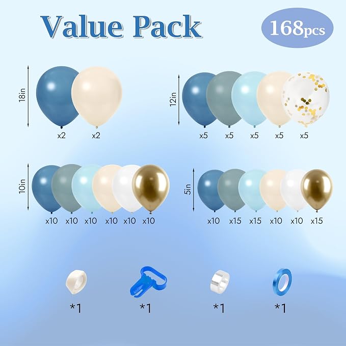 168pcs Dusty Blue Balloon Garland Arch Kit Different Sizes | 18 12 10 5 inch - Image 2