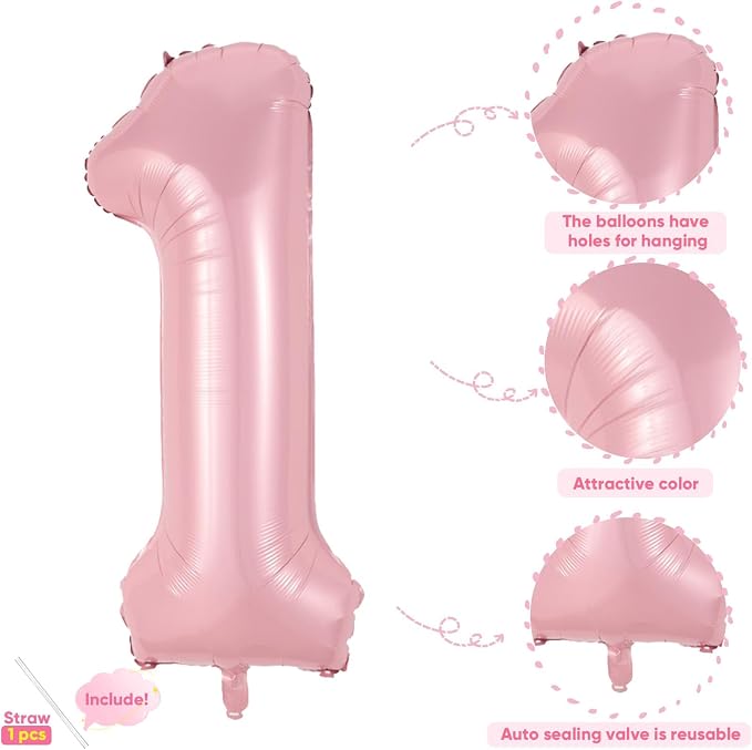 Light Pink 1 Balloon, 40 Inch Large Pastel Pink Foil Helium Number Balloons 0-9 - Image 3