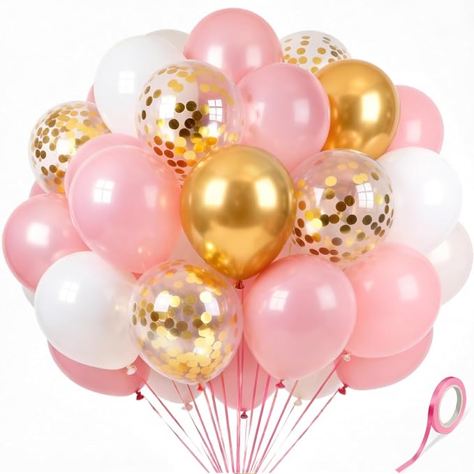 Pink Gold White Balloons 60Pcs 12 Inch Confetti Latex Balloon by Kelfuoya