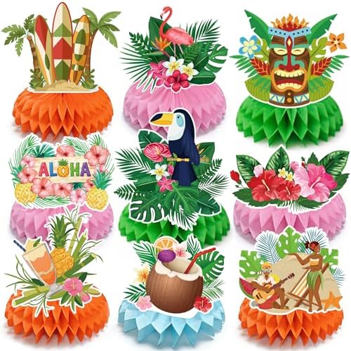 Luau Party Decorations - 9 PCS Hawaiian Honeycomb Table Centerpiece for Tiki and Love Island Hawaiian Theme Party Favors Supplies | Tropical Party Decorations for Summer Beach Pool Birthday Wedding by OHOME
