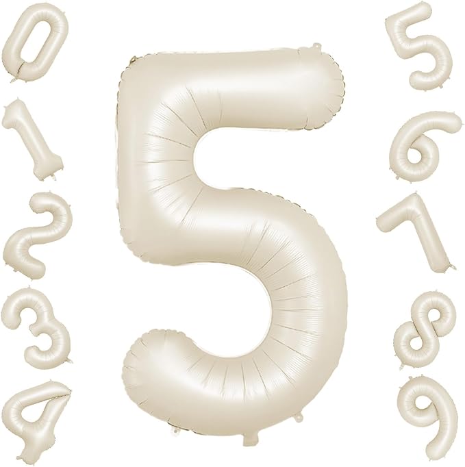 40 Inch Cream Number 5 Balloon, Digital 5 Cream White Giant 5 Foil Balloon by BIAPIAN