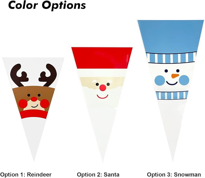EKAPACKAGING 50Pcs 7x15 Inches Snowman Print Cone Shaped Treat Bags with Ties, Christmas Clear Cellophane Bags, Party Favor Bags for Popcorn, Cookies, Cotton Candy, Gift, and Pretzel Rod