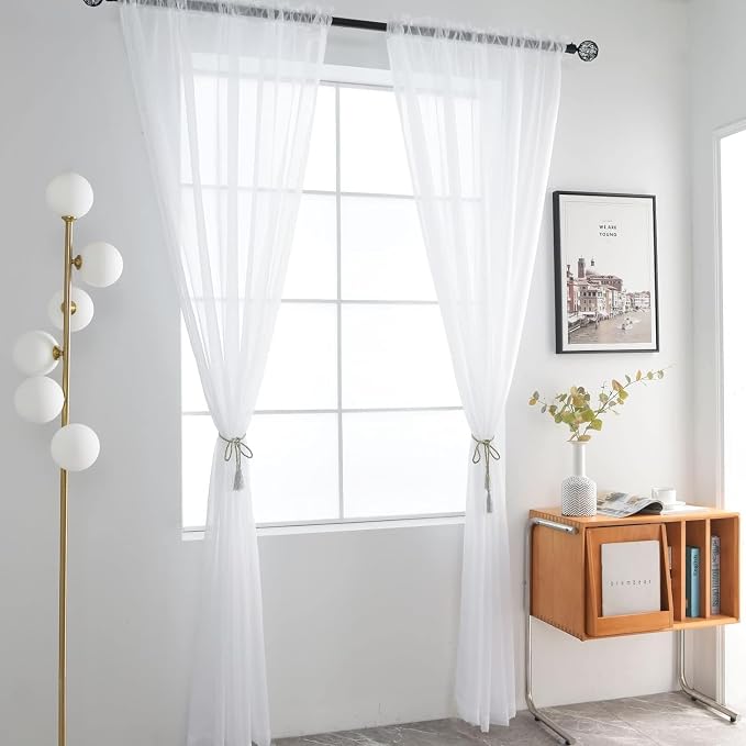 SpaceDresser Sheer White Curtains 4 Panels Rod Pocket Semi-Sheer Curtain 54 - Image 3