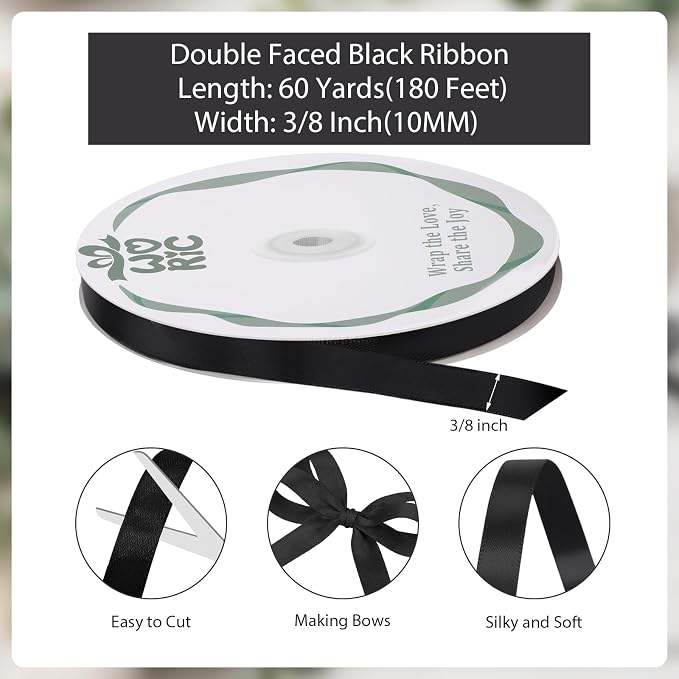 woric Double Faced Black Ribbon 3/8 Inch 60 Yards Thin Balloon Ribbons | Easy - Image 2