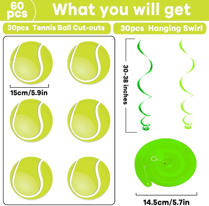 60pcs Tennis Party Foil Swirl Decorations Tennis Ball Ceiling Hanging Banners - Image 2