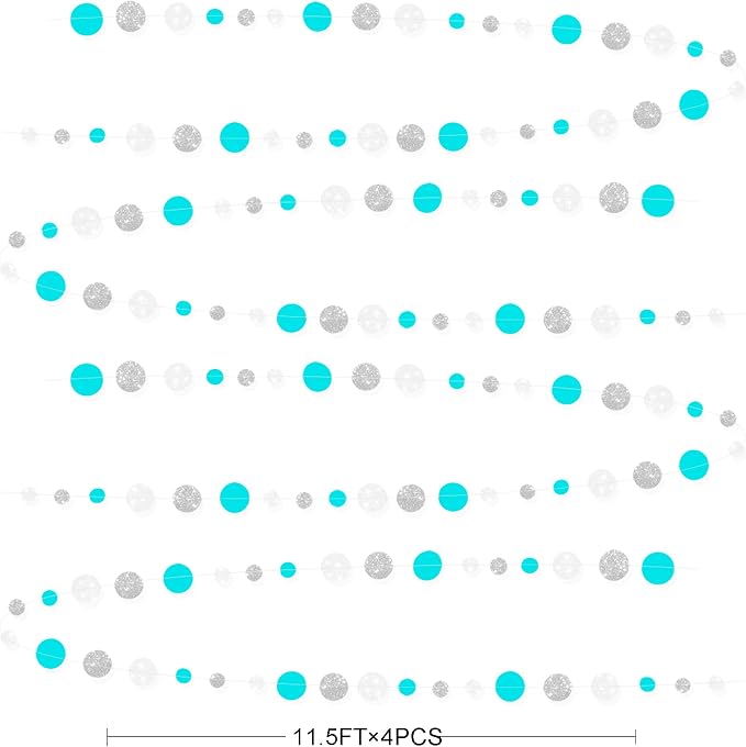 Teal Blue Silver White Party Polka Dot Garland Banner Aqua Turquoise Glitter - Image 2
