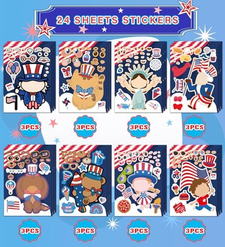 4th of July Outfits for Women - 24Pcs Patriotic Stickers, Make-a-face Stickers,Fourth of July Decorations Accessories Party Favors Supplies for Memorial Day Classroom DIY Crafts Party Decorations - Image 3