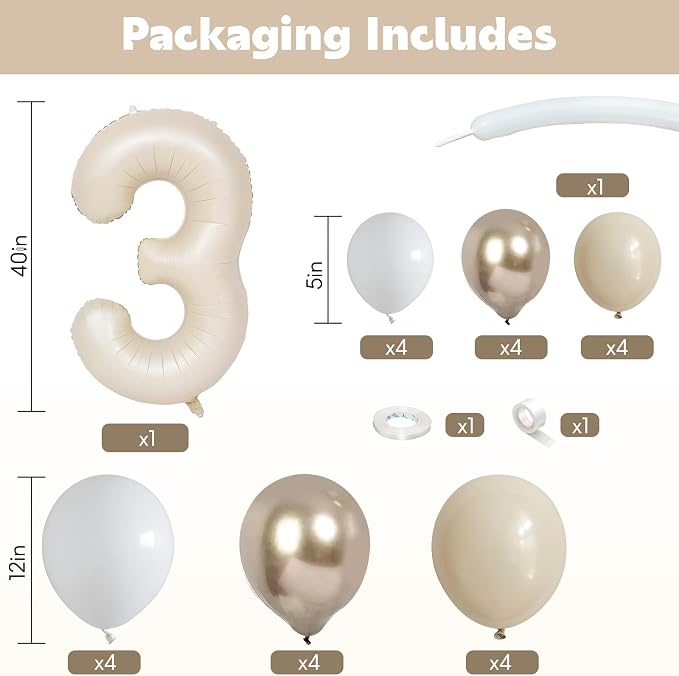40 Inch Cream Number 3 Balloon for 3rd Birthday Decoration Beige White Sand - Image 2