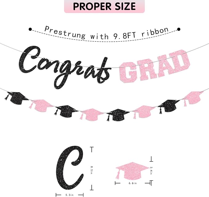 Prestrung Congrats Grad Banner Pink Black Graduation Banner - Image 4