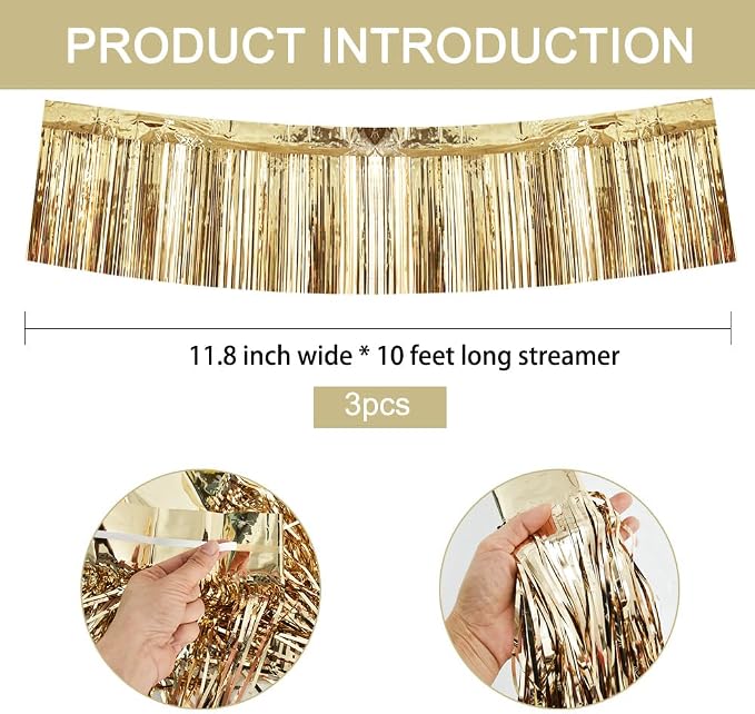 BEISHIDA Champagne Fringe Garland Banner 30ft Wall Tinsel Foil Streamers | 3Pack - Image 3