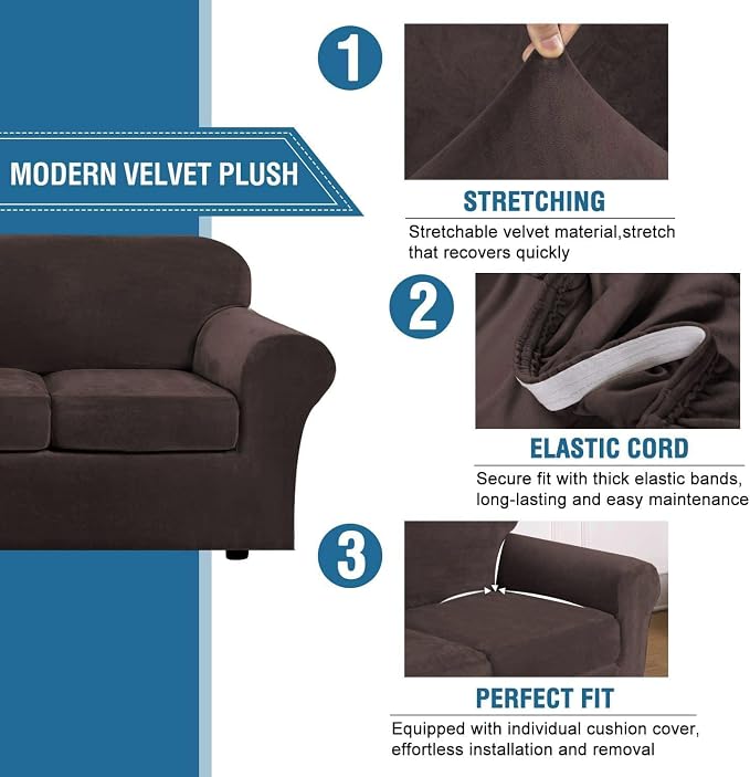 H.VERSAILTEX High Stretch Sofa Slipcover 4 Piece Cover Velvet Furniture - Image 3