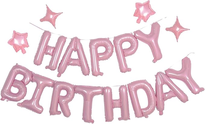 Pink Happy Birthday Balloons Banner Sign Mylar letter Party Decoration | by xiangsushijie