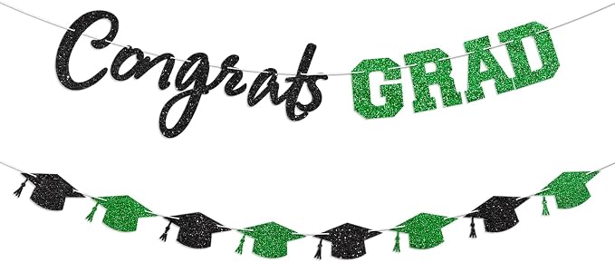 Prestrung Congrats Grad Banner Green and Black Graduation Banner by Blopee