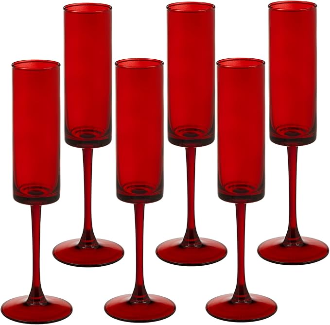 6 Pieces Red Champagne Flutes 6 OZ Straight Sided Wine Glasses Champagne Long Stem Drinking Colored Glasses,Set of 6 Hand Blown Champagne Flutes Goblets for Wedding Cocktail Cups,Cava, Prosecco