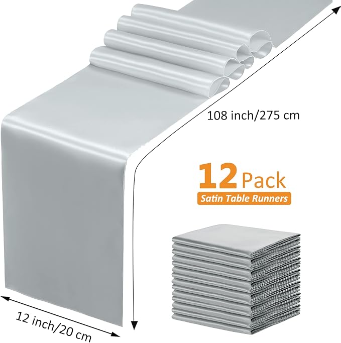 SiinvdaBZX 12 Pcs Silver Satin Table Runner 12 x 108 inches Long | Bright - Image 4