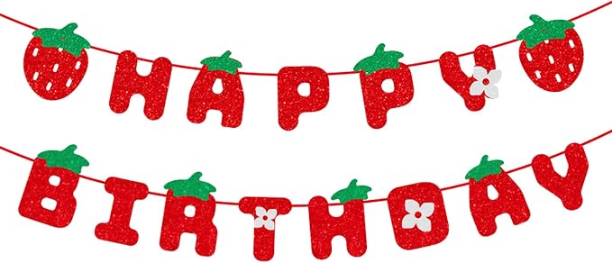 MEETINGU Strawberry Happy Birthday Banner, Glitter Strawberry Birthday Party by MEETINGU