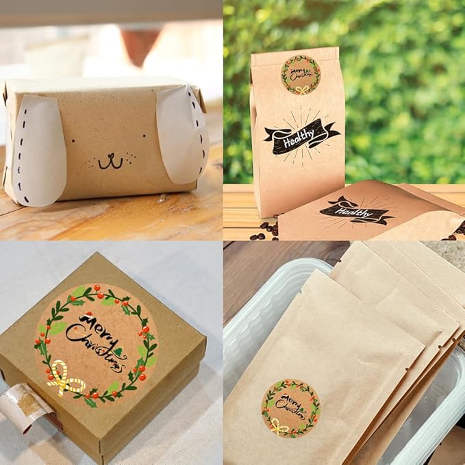 100-1000pcs Custom Stickers Merry Christmas Stickers Personalized Labels Adhesive Xmas Decorative Envelope Seals Stickers for Cards Gift Boxes (Round Kraft -6)