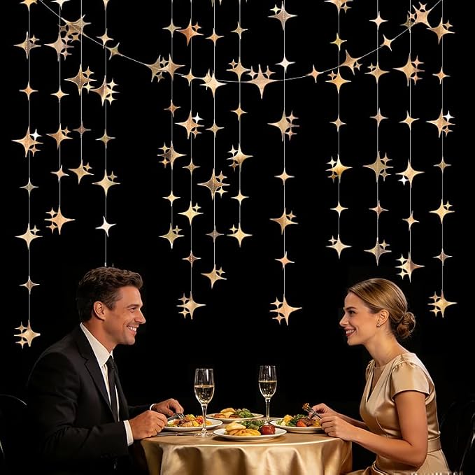 Glitter Champagne Four-Angle Star Paper Garland Banner Décor 40 Feet Twinkle - Image 6