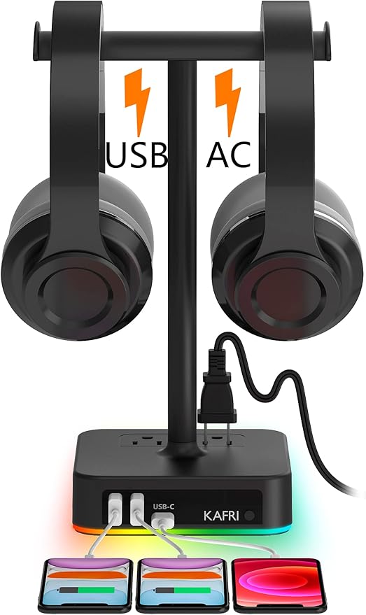 KAFRI RGB Dual Headphone Stand with USB C Charger Desk Gaming Double Headset Holder Hanger Rack with 3 USB Charging Port and 2 Outlet - Suitable for Gamer Desktop Table Game Earphone Accessories Gift