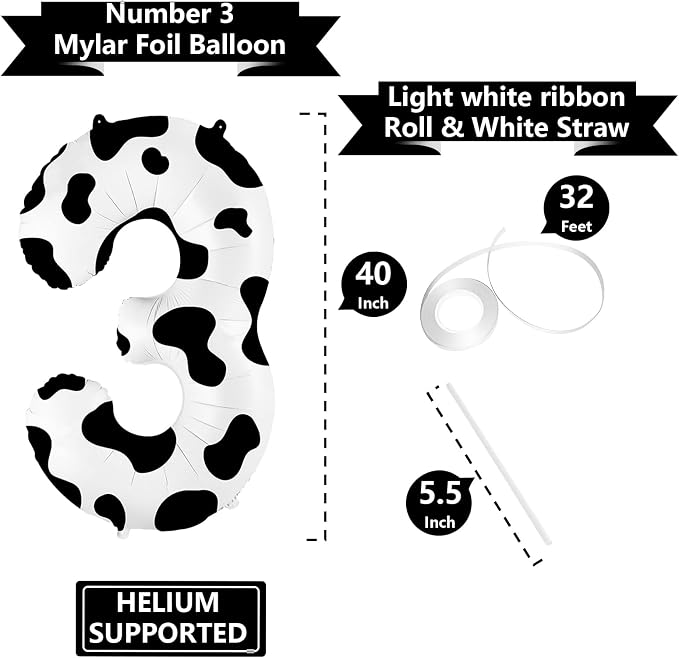 40 Inch Cow Print Balloon, Number 3 balloons Cow Balloons - Image 3