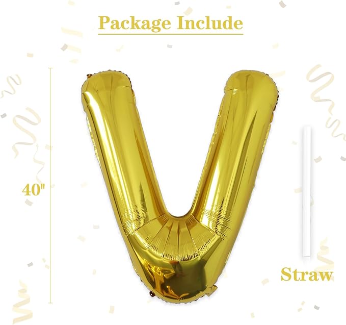 VHUWE 40 inch Gold Letter V Balloon, Big Size Alphabet Foil Mylar Helium - Image 2