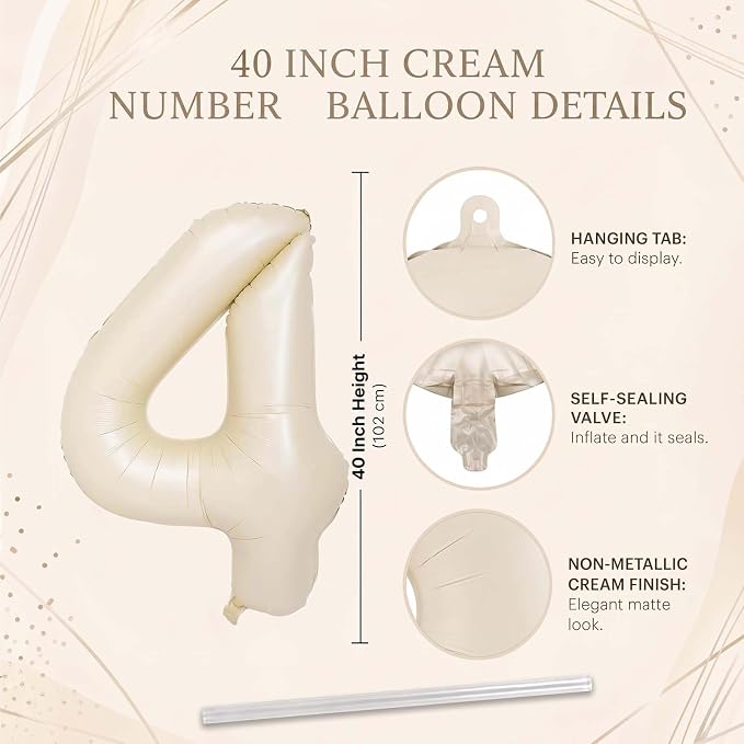 Cream Number 4 Balloon 40 Inch, Foil Numeral - Image 4