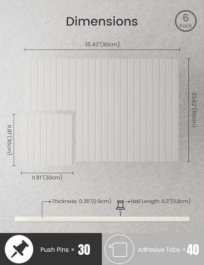 Bumusty Large Cork Board Alternative-36 x24 Felt Bulletin Board Tiles, with 30 Pushpins, 40 Adhesive Tabs, 6-Pack Slat Wall Paneling, Cork Boards for Office Push Pin Board Felt Board-Milky White