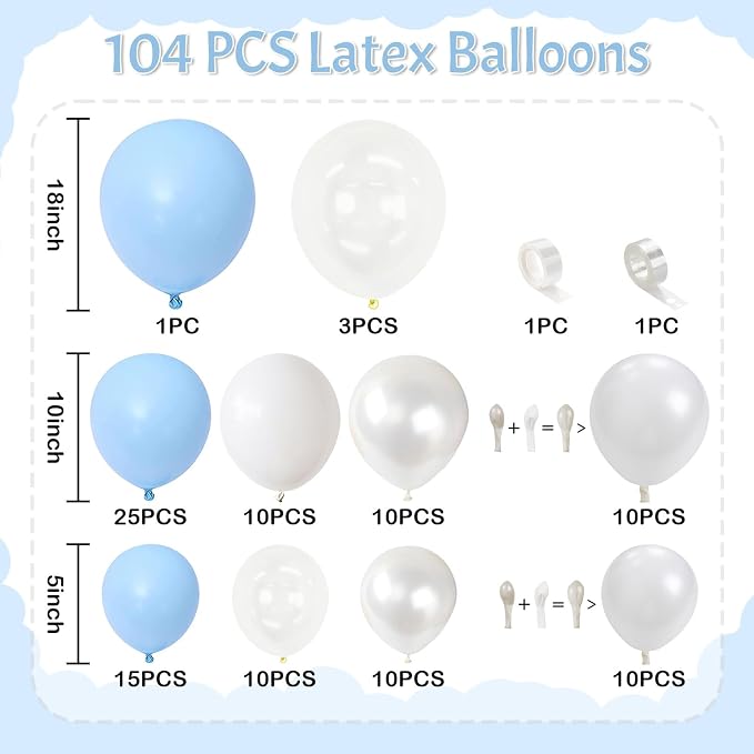 Pastel Blue White Balloons Garland Arch Kit, Light Baby Blue Clear Balloon - Image 2
