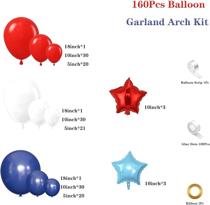 Red White Blue Balloon Garland Arch Kit 160Pcs | Red White Blue Latex Balloons - Image 2