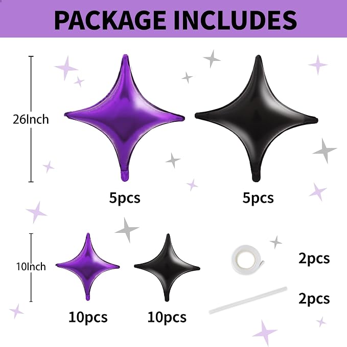 TONIFUL 30Pcs Four Pointed Star Balloon 26In&10In Black Purple Foil Balloon | - Image 2