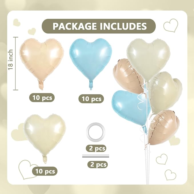 TONIFUL 30 Pcs 18 Inch Blue Cream White Caramel Heart Shape Foil Balloons | - Image 2