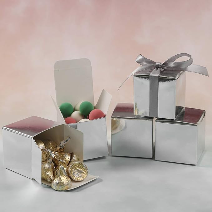 COTOPHER 60pcs Small Gift Boxes, Favor Boxes 2x2x2 inches Paper Gift Boxes with Ribbons Candy Box for Wedding Favors Baby Shower Bridal Shower Birthday Party (60 Metallic Silver)