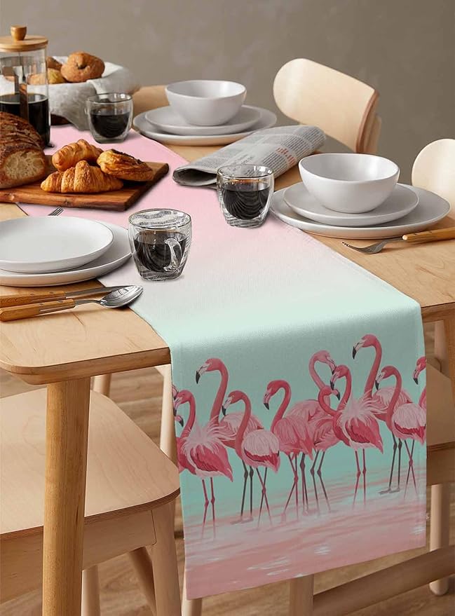 Tropical Flamingo Cotton Linen Table Runner for Dining Kitchen, Wedding Outdoor Party Tablerunners Decoration, Pink Bird Coastal Nautical Animal Dresser Scarf Coffee Tablecloth Runners 13x72 Inches