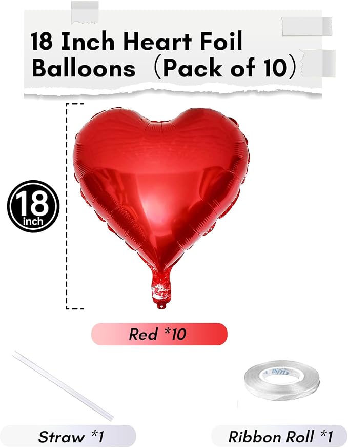 Red Heart Balloons, 18 Inch Metallic Red Foil Balloon Helium 10Pcs Large Ruby - Image 2