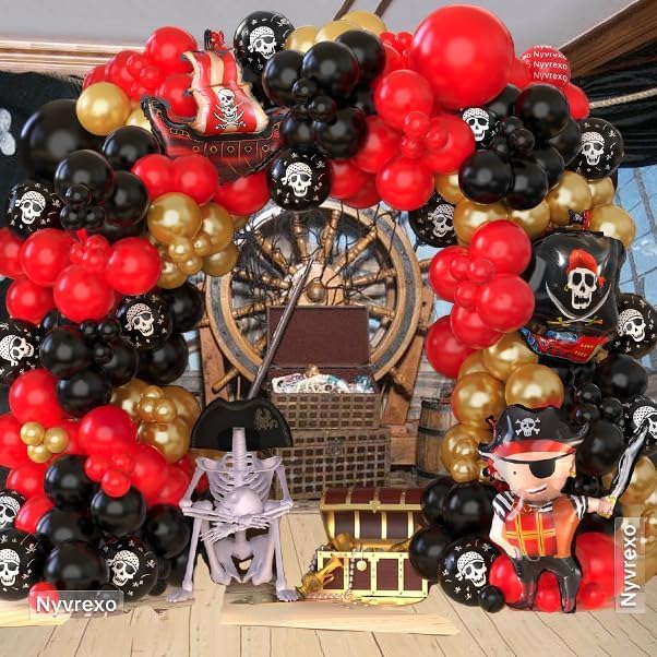 142Pcs Pirate Birthday Party Decorations Balloon Garland Arch Kit | Red Black - Image 7