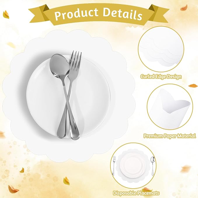 60 Pcs White Paper Placemats, 13.5 Inch Disposable Scalloped Table Mats | Thick - Image 3