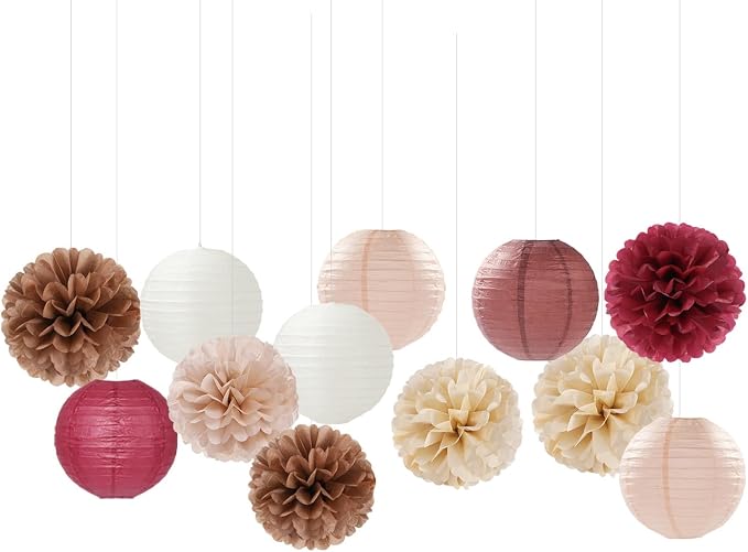 Burgundy-Brown Champagne Party-Decorations Paper-Flowers Lanterns - Image 7