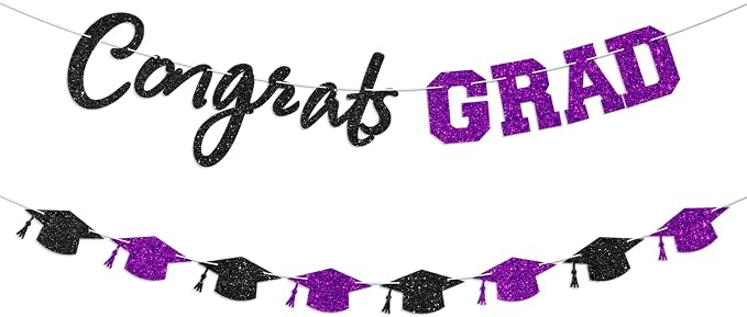 Prestrung Congrats Grad Banner Purple and Black Graduation Banner by Blopee
