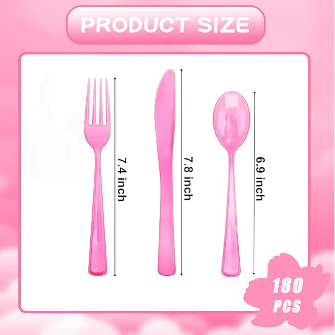 WDF 180 Pieces Pink Plastic Silverware Disposable - Clear Pink Cutlery Sets 60 Forks, 60 Knives and 60 Spoons - Heavy Duty Disposable Utensils for Wedding, Party