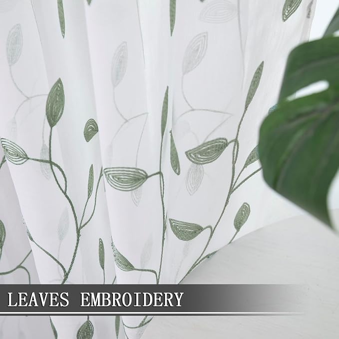 Tollpiz Leaves Sheer Curtain Sage Green Leaf Embroidery Living Room Curtains - Image 3