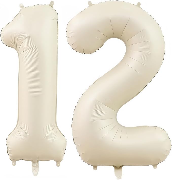 Cream Number 12 Balloons, 40 Inch 12 Balloons Giant Helium Foil Mylar Beige 12 by BBPOOL
