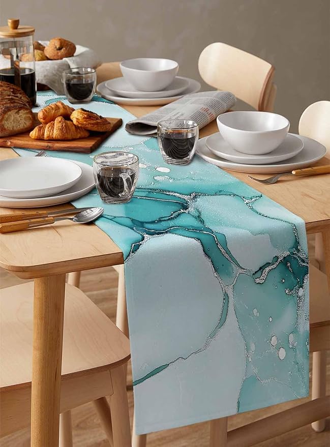 Turquoise Marble Cotton Linen Table Runner for Dining Kitchen, Wedding Outdoor Party Tablerunners Decoration, Nature Marble Crack Country Retro Dresser Scarf Coffee Tablecloth Runners 13x48 Inches